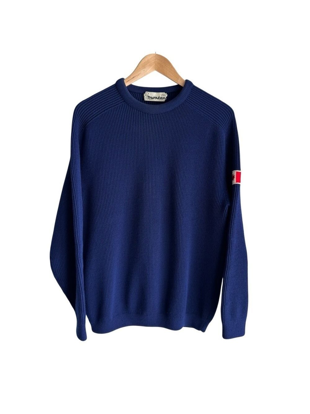 Vintage 70s French Chunky Ribbed Crewneck Sweater Mens L Navy Blue Heavy Retro